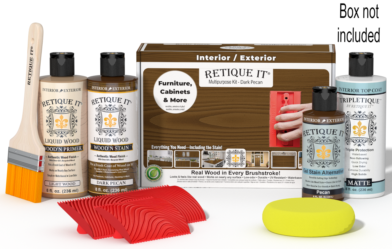 Retique It® Dark Pecan Multipurpose Kit with Light Wood primer, Dark Pecan stain, Pecan gel stain alternative, Matte Tripletique® Top Coat, brush, red graining tool, yellow sponge, and product box.