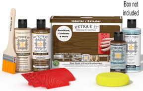 Retique It® Dark Pecan Multipurpose Kit with Light Wood primer, Dark Pecan stain, Pecan gel stain alternative, Matte Tripletique® Top Coat, brush, red graining tool, yellow sponge, and product box.