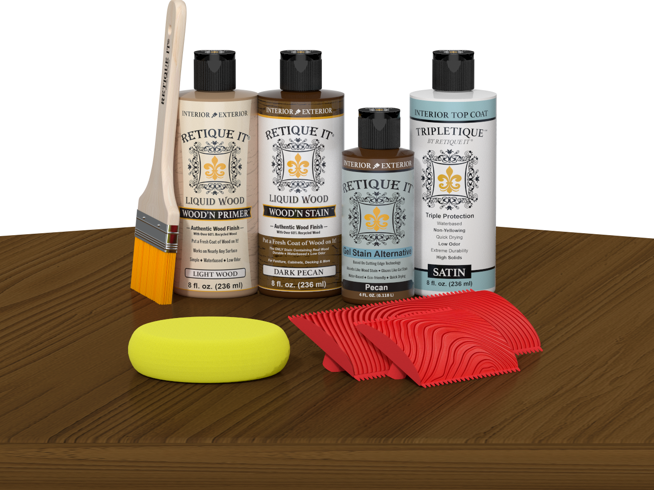 Retique It® Dark Pecan Wood'n Kit with Light Wood primer, Dark Pecan stain, Pecan gel stain alternative, Satin Tripletique® Top Coat, brush, red graining tool, and yellow sponge.