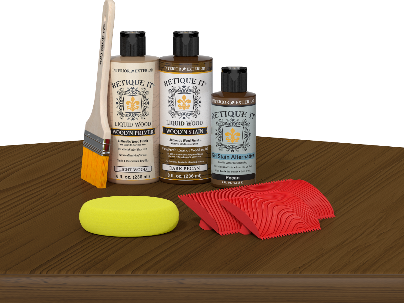 Retique It® Fireplace Mantel Wood'n Finish Kit in Dark Pecan stain, showing the wood stain application on a mantel surface.