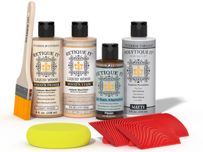 Retique It® Wood'n Finish Kit in Pickled Oak with exterior top coat, showcasing a wood finish application and tools.