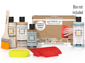 Retique It® Wood'n Finish Kit in Pickled Oak with interior top coat, featuring a box of wood finishing supplies and tools.