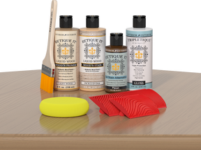 Retique It® Wood'n Finish Kit in Pickled Oak, interior top coat applied on wooden table surface, showcasing natural wood finish.