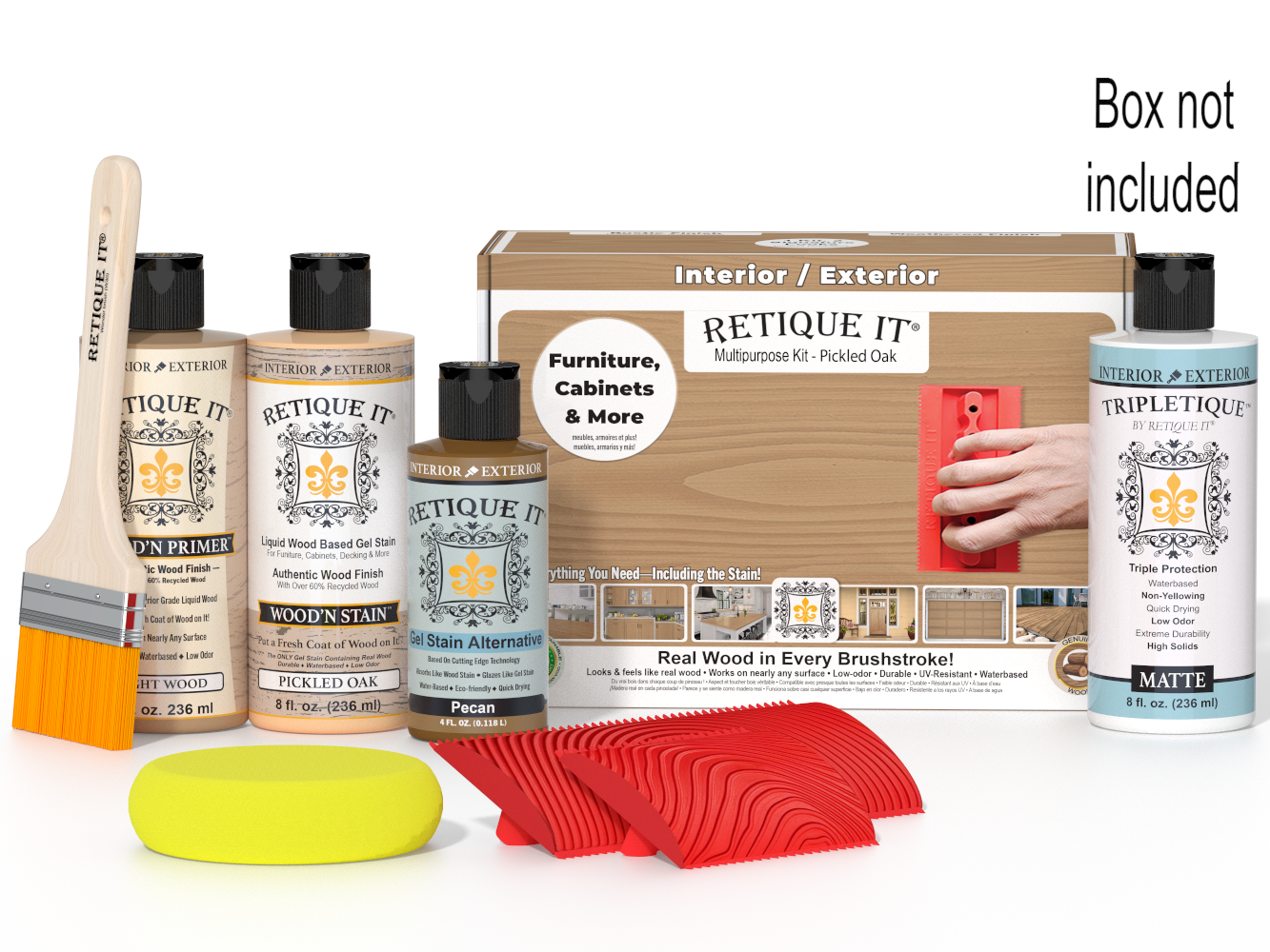 Retique It® Wood'n Finish Kit in Pickled Oak with interior top coat and brushes, displayed in a box for wood finishing projects.