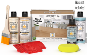 Retique It® Wood'n Finish Kit in Pickled Oak for tabletops, includes stain and finishing supplies, shown with box and application tools.