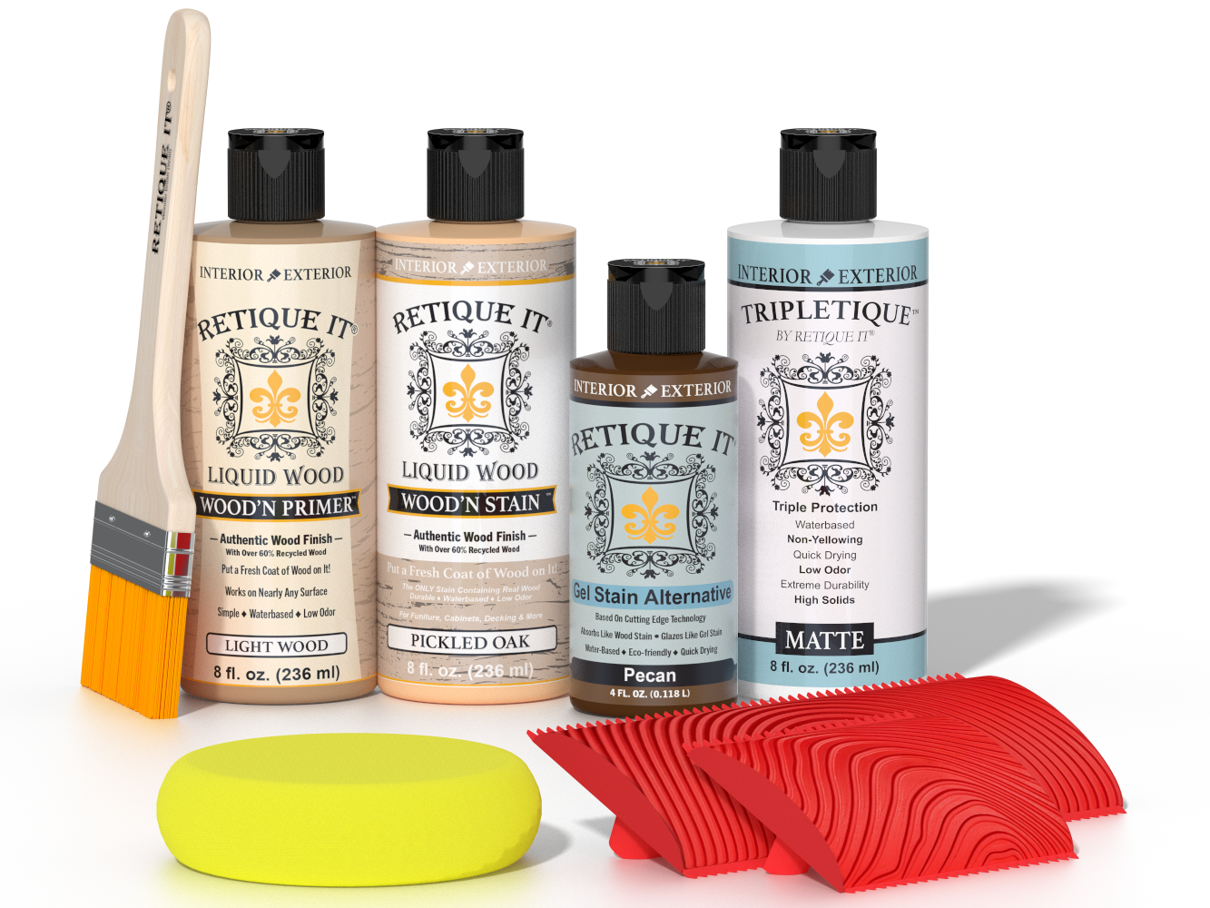 Retique It® Wood'n Finish Kit Pickled Oak stain displayed on a wooden tabletop showing the color and application tools.