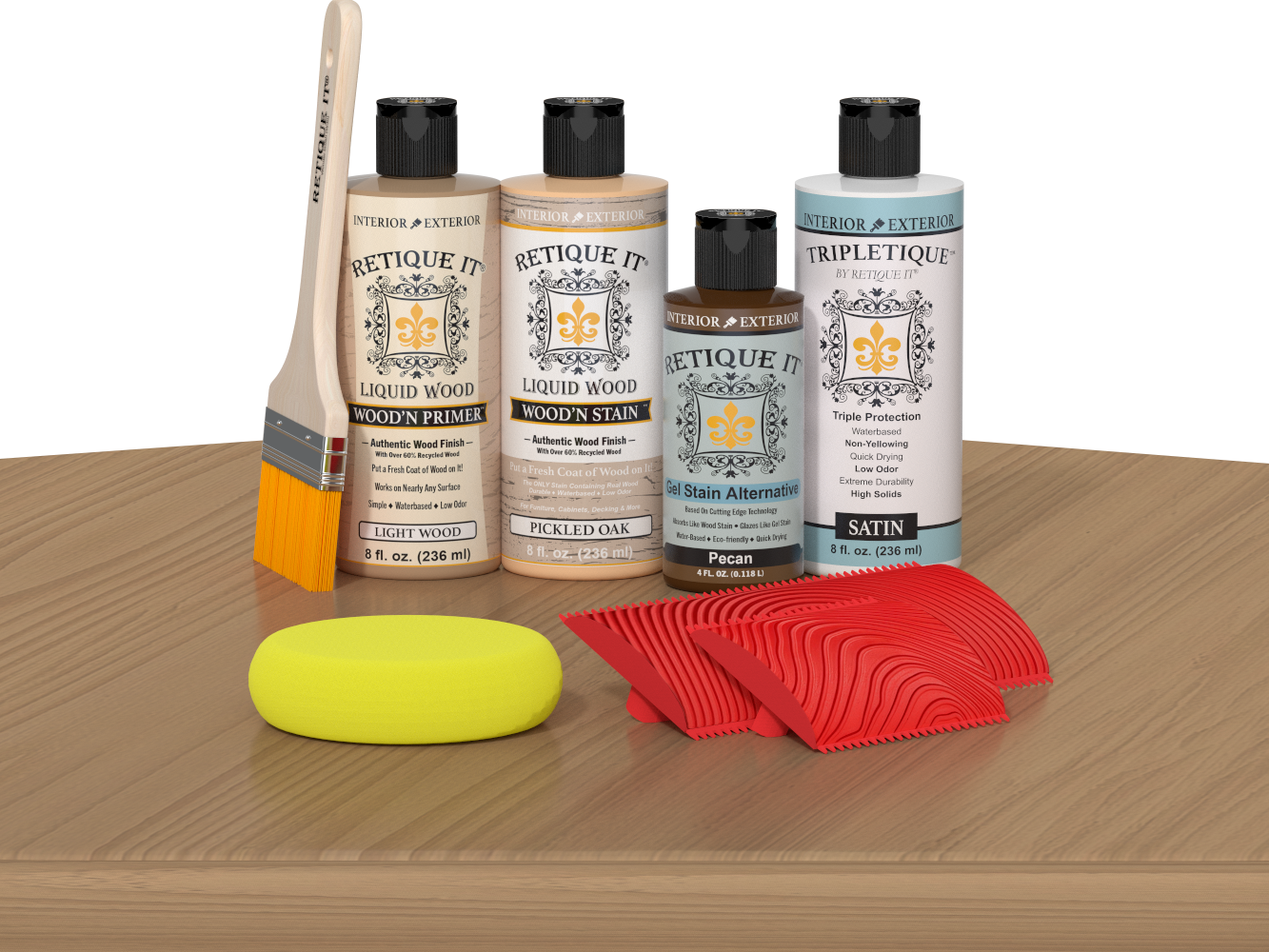 Retique It® Wood'n Finish Kit in Pickled Oak stain, featuring a wooden tabletop with the stain applied for a natural finish.