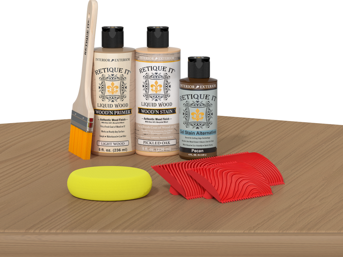 Multi-purpose Wood'n Kit in Pickled Oak finish by Retique It® showing the kit components on a table.