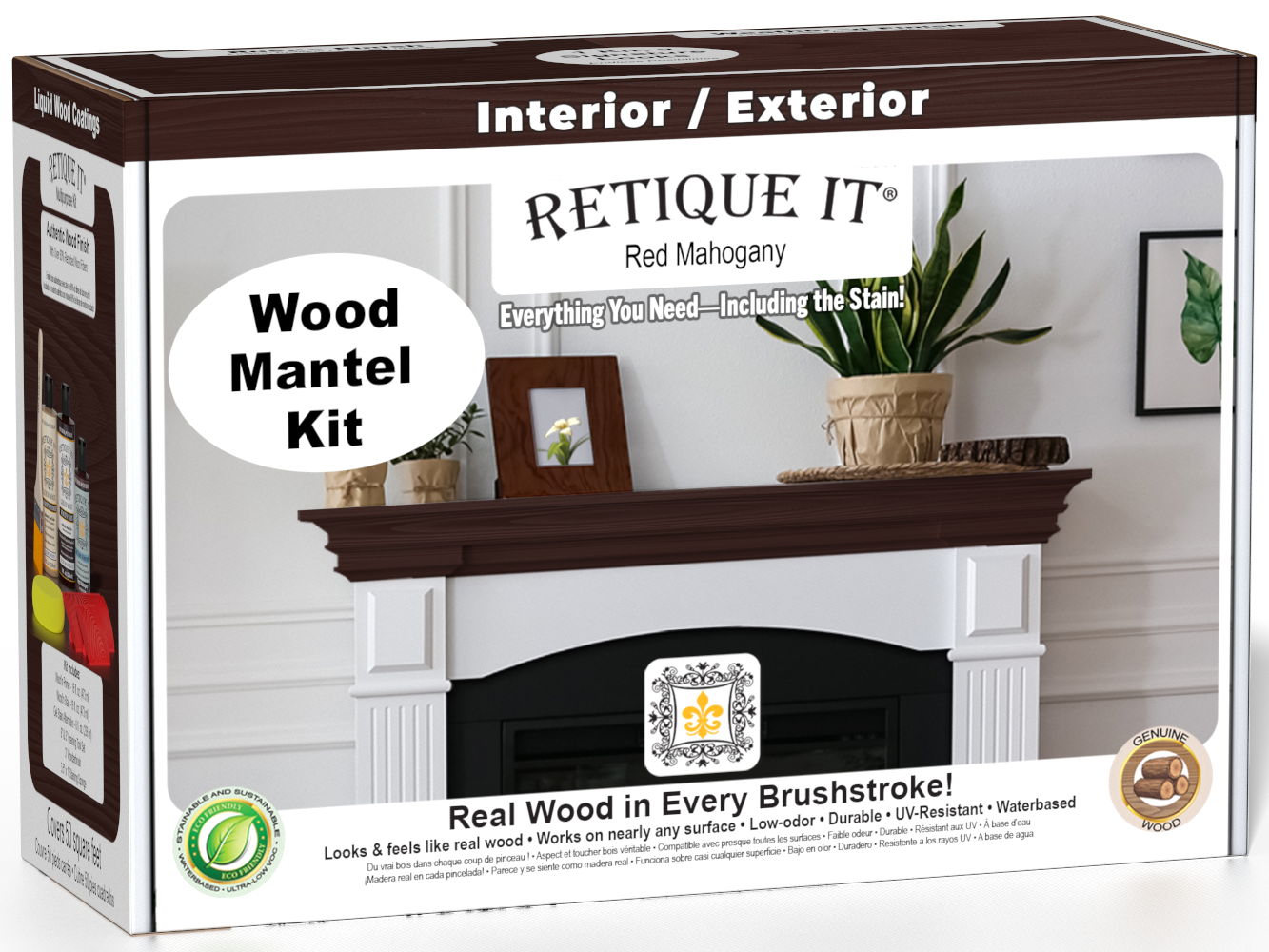Retique It® Fireplace Mantel Wood'n Finish Kit in Red Mahogany stain, showing a box of stain stains for wood mantel finishing.