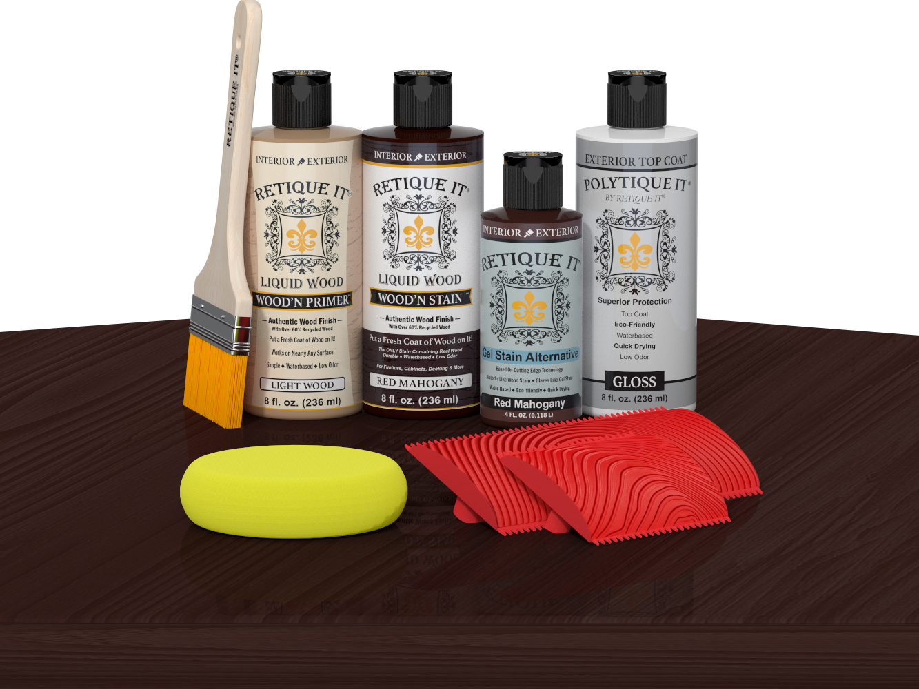 Red Mahogany Wood'n Finish Kit by Retique It® with exterior top coat and tools, displayed on a table for multi-purpose wood finishing.