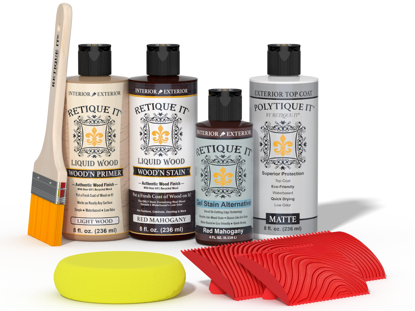Retique It® Wood'n Finish Kit in Red Mahogany with exterior top coat, featuring wood finish and application tools in the kit.