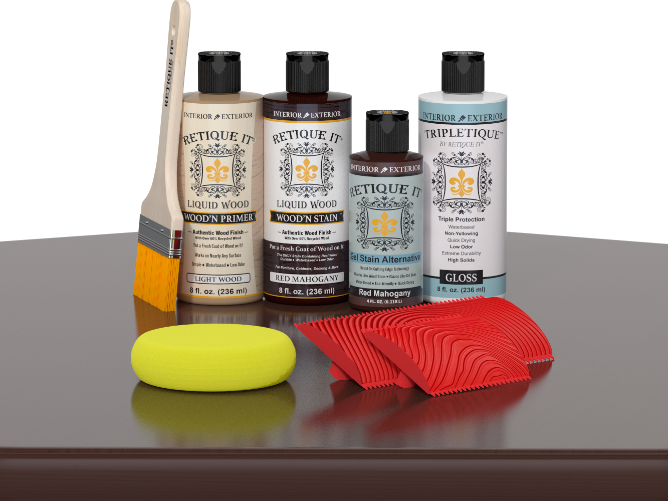 Retique It® Wood'n Finish Kit in Red Mahogany for interior top coat, shown on a table with wood surface.