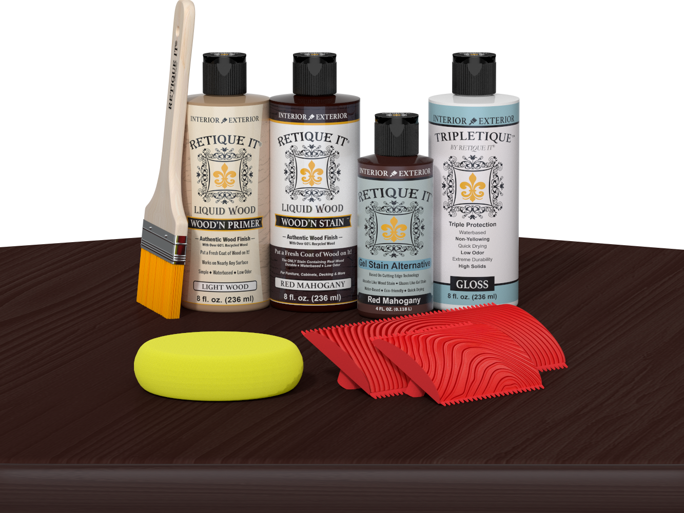 Retique It® Wood'n Finish Kit in Red Mahogany stain, featuring bottles of wood stain and finishing supplies on a table.