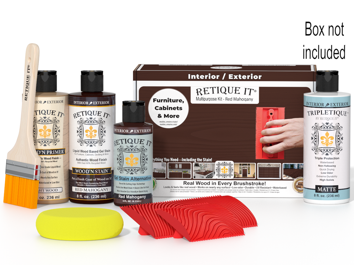 Retique It® Wood'n Finish Kit in Red Mahogany for interior top coat, featuring wood finish components in a box.