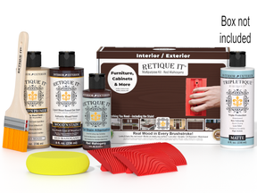 Retique It® Wood'n Finish Kit in Red Mahogany for interior top coat, featuring wood finish components in a box.