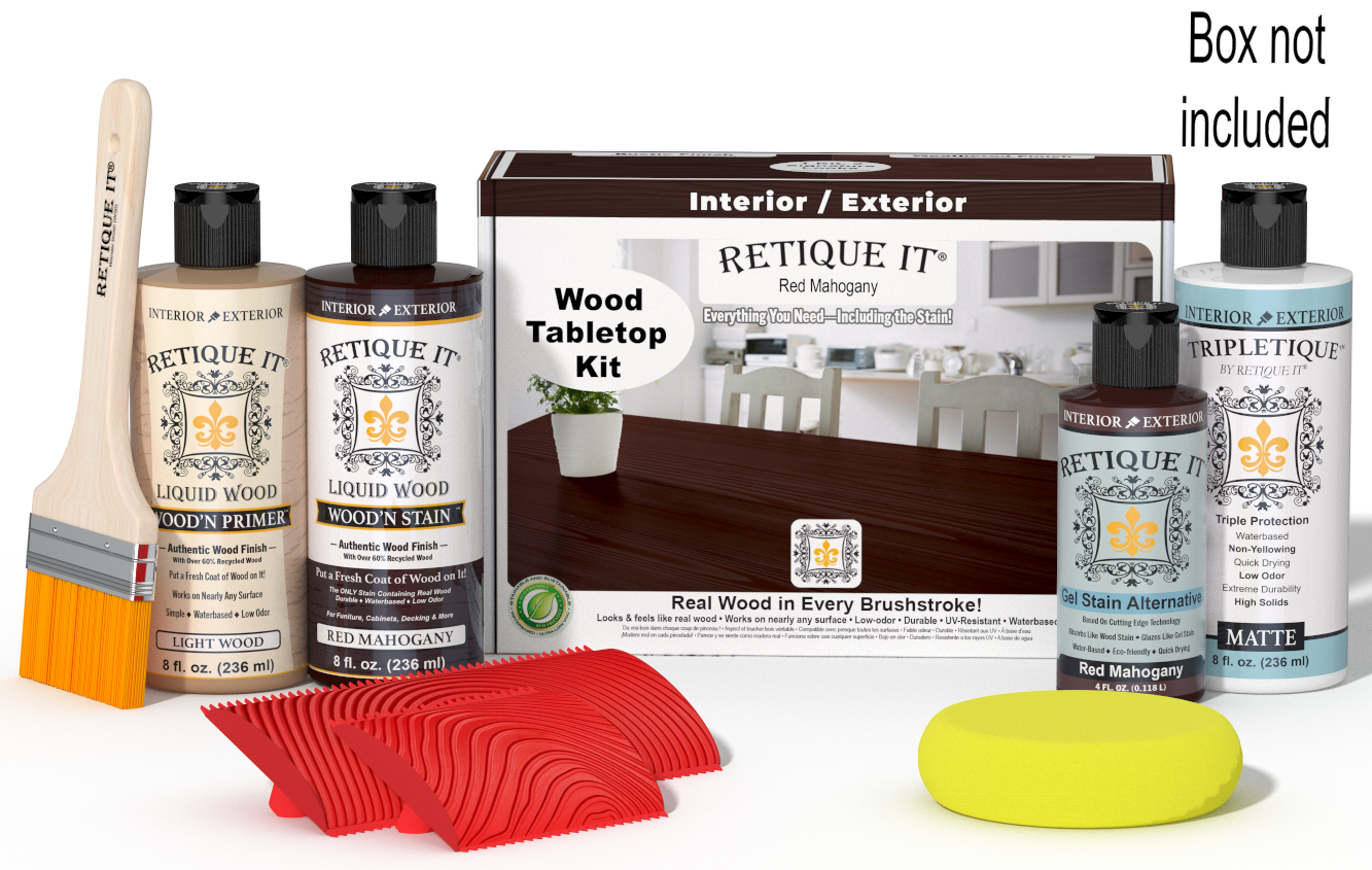 Retique It® Wood'n Finish Kit in Red Mahogany stain, featuring a tabletop wood finish and stain applicator kit.
