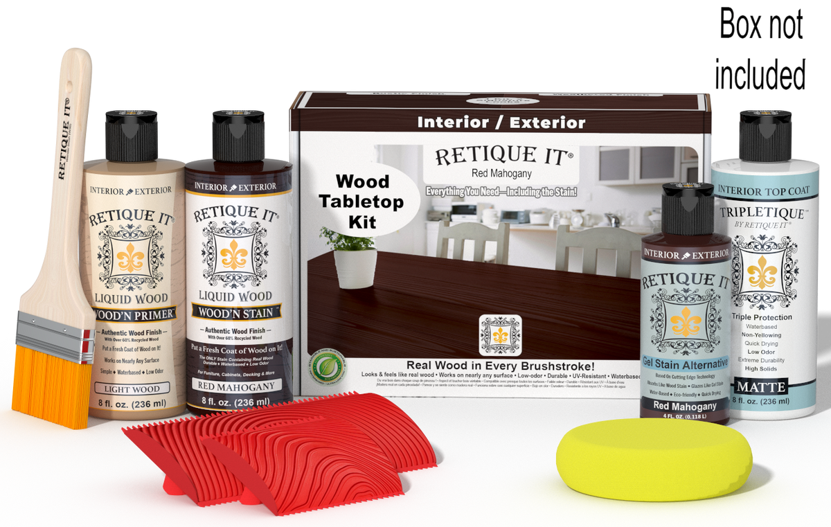 Retique It® Red Mahogany Wood Tabletop Kit with Light Wood primer, Red Mahogany stain, Red Mahogany gel stain alternative, Matte Tripletique® Top Coat, brush, red graining tool, yellow sponge, and product box.