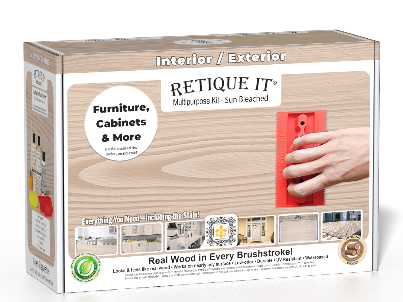 Sun-bleached Retique It Wood'n Finish Kit in an open box with brushes and wood samples, designed for multi-purpose wood finishing.