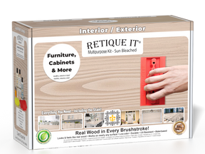 Retique It® Wood'n Finish Kit in Sun Bleached for exterior wood top coat, featuring multiple application tools in the box.