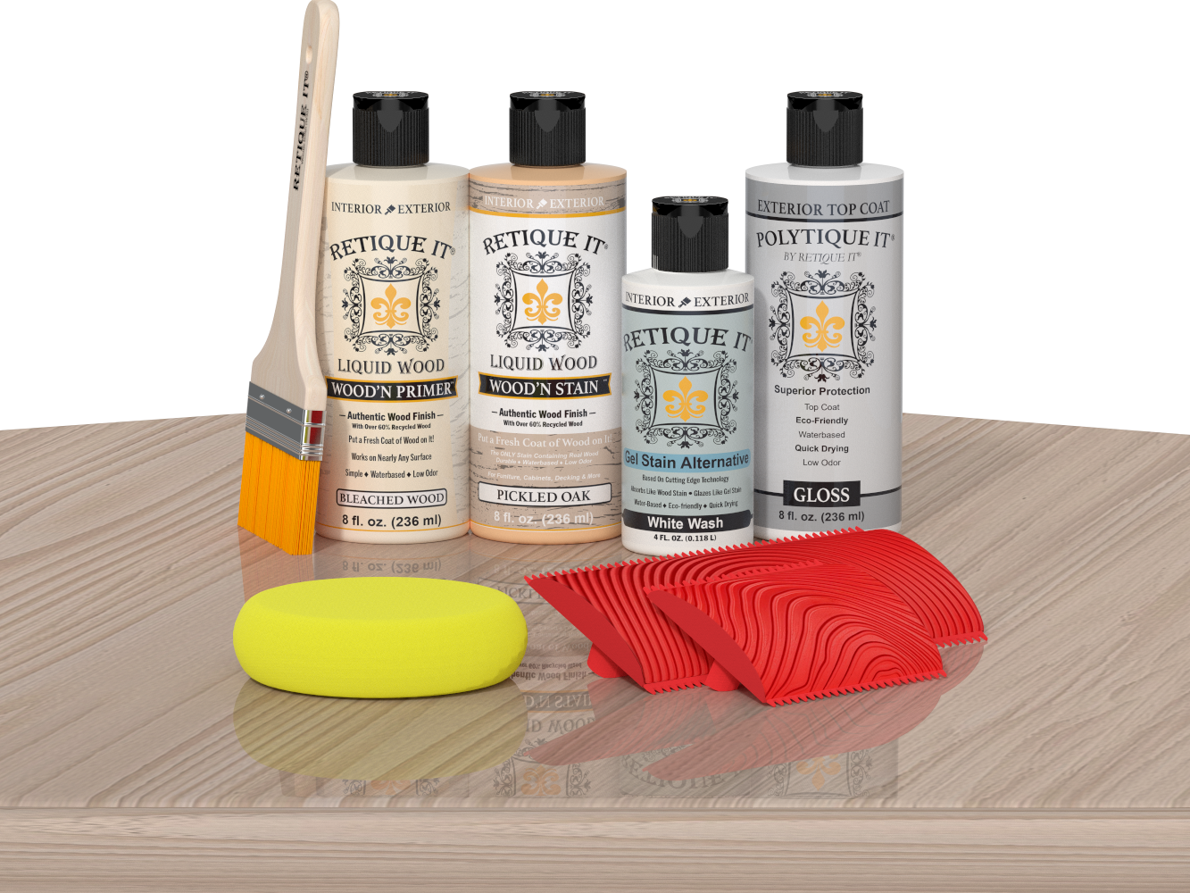 Retique It® Wood'n Finish Kit in Sun Bleached for exterior top coat, featuring a multi-purpose wood finishing set on a table.