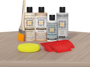 Retique It® Wood'n Finish Kit in Sun Bleached, an exterior top coat with wood finish components on a table.