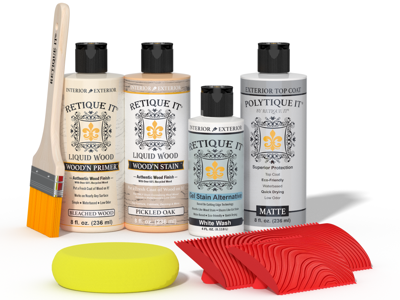 Retique It® Wood'n Finish Kit in Sun Bleached for exterior wood projects, featuring top coat and application tools.