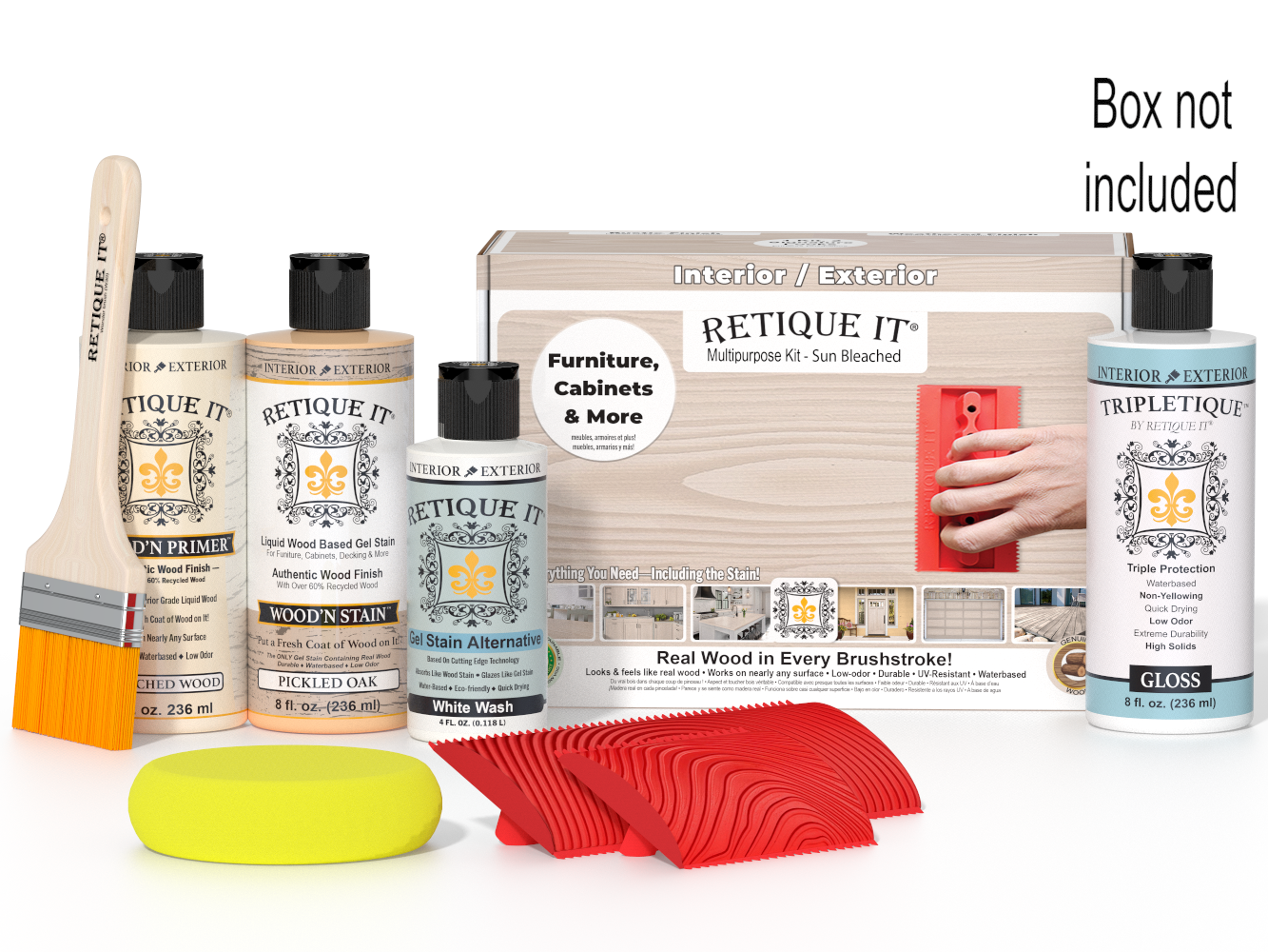Retique It® Wood'n Finish Kit in a box with dark walnut stain and application tools, designed for wood finishing projects