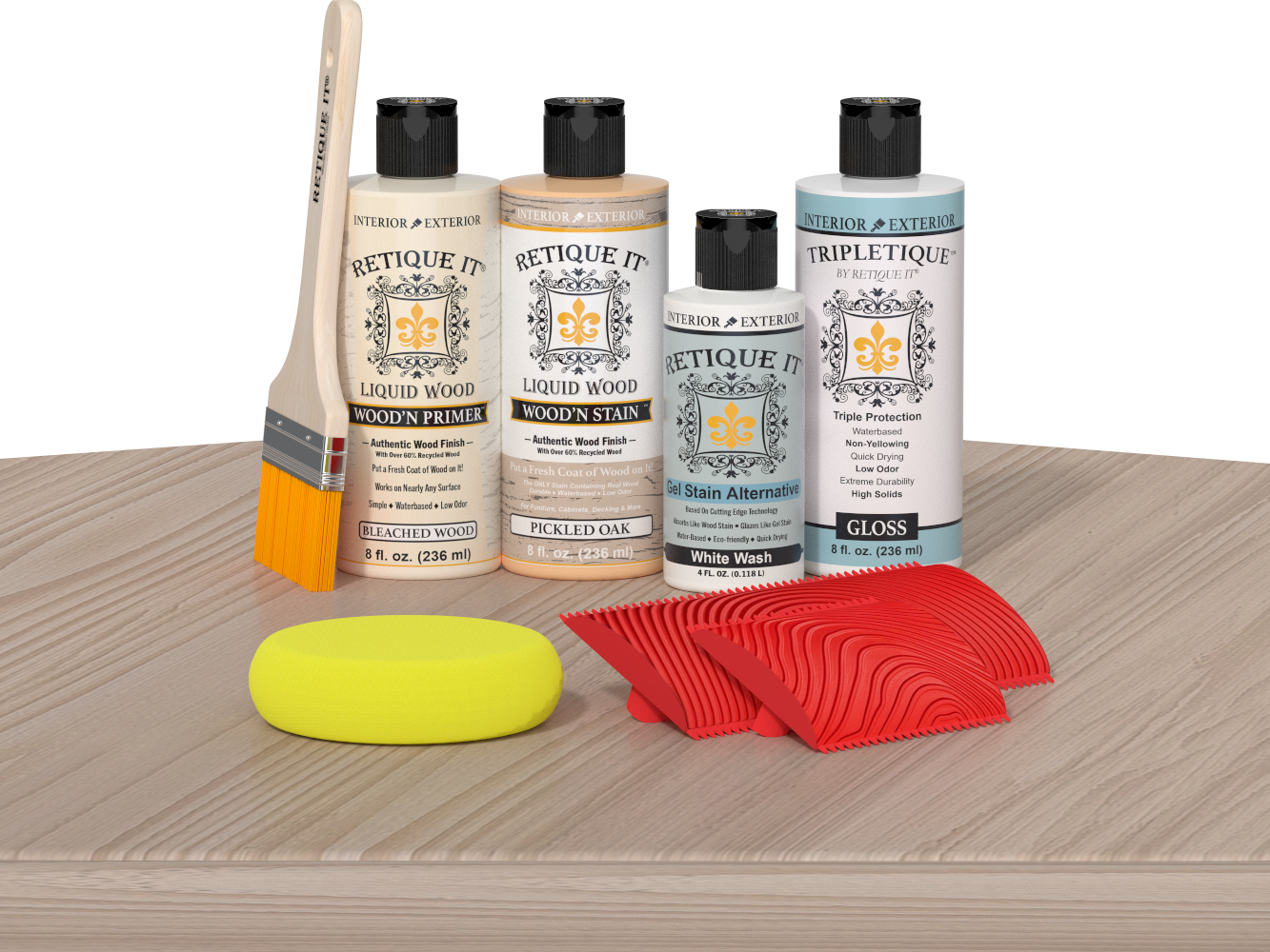 Retique It® Wood'n Finish Kit Sun Bleached tabletop with wood finish products and application tools on a surface.