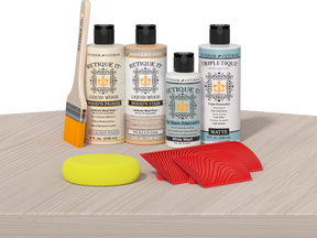 Retique It® Wood'n Finish Kit in Sun Bleached for interior wood projects, showing the top coat and application tools.