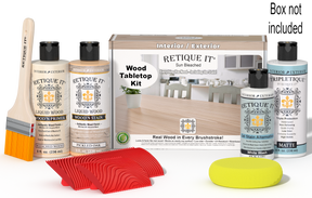Retique It Wood'n Finish Kit Sun Bleached for tabletops, includes wood finish products and application tools in a box.