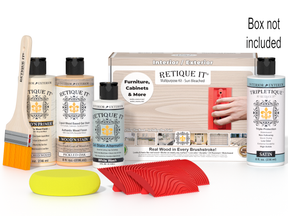 Retique It® Wood'n Finish Kit in box containing wood stain and finishing supplies, designed for furniture and wood projects.