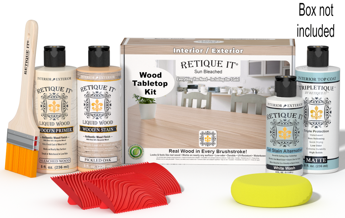 Retique It® Sun Bleached Wood Tabletop Kit with Bleached Wood primer, Pickled Oak stain, White Wash gel stain alternative, Tripletique® Matte Top Coat, brush, red graining tool, yellow sponge, and product box.