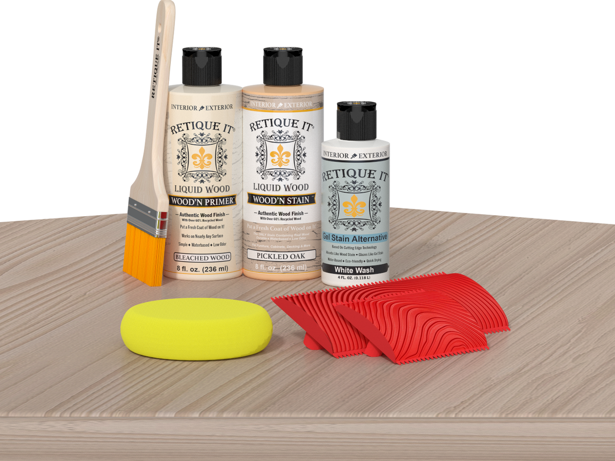 Retique It® Wood'n Kit Sun Bleached on table, featuring multiple wood finish components for furniture restoration.