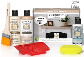 Retique It® Wood'n Finish Kit in Sun Bleached for fireplace mantels, showing wood finish application on a wooden mantel.