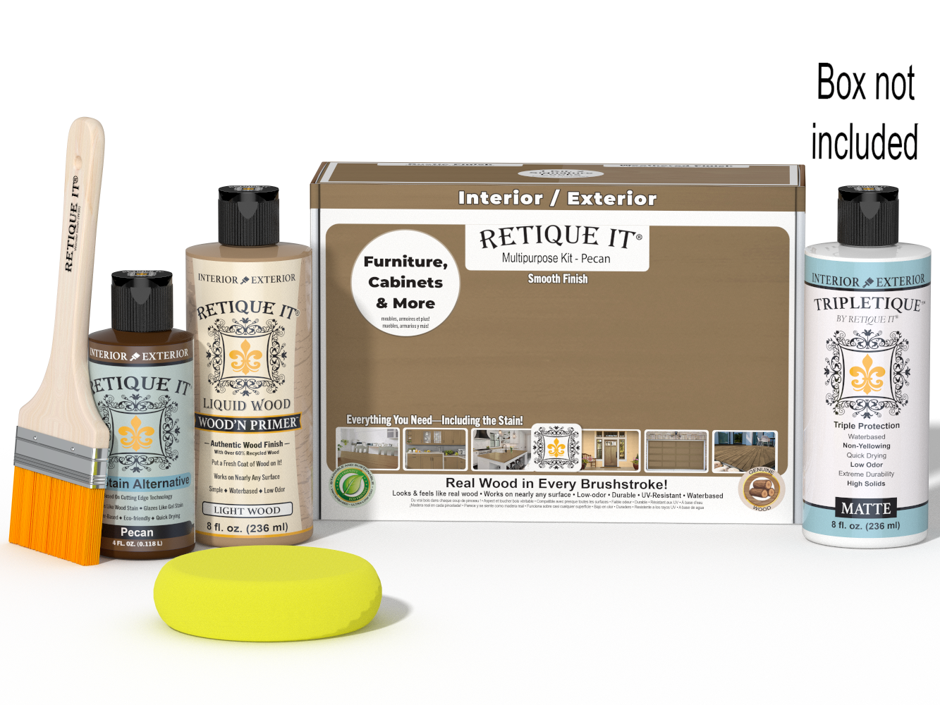 Retique It® Multi-purpose Smooth Finish Kit in Pecan for interior wood top coating, includes applicator tools and finish components.