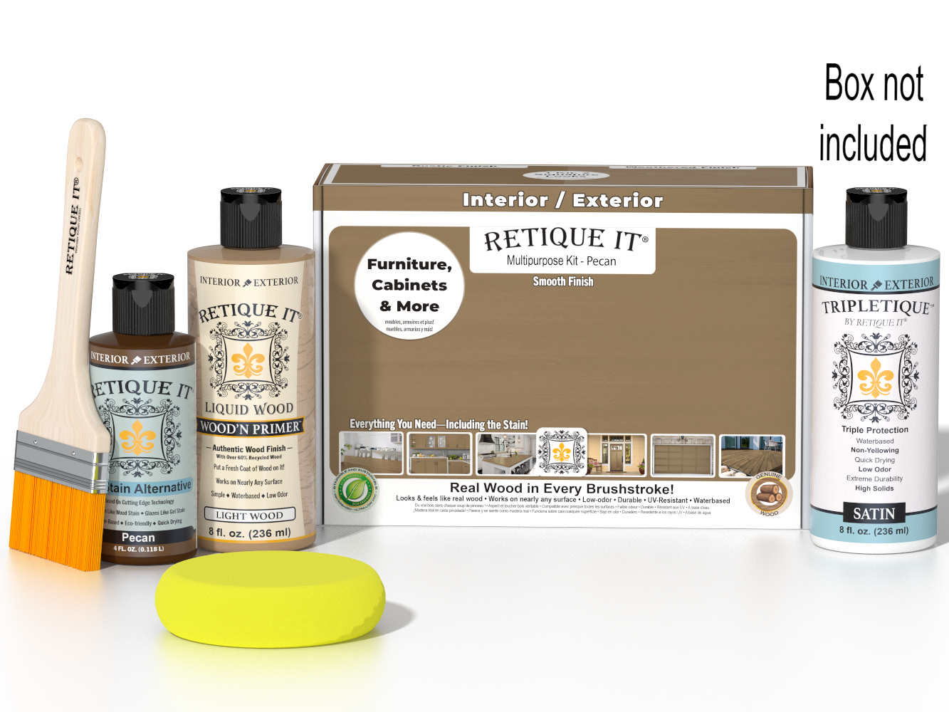 Retique It® Multi-purpose Smooth Finish Kit in Pecan for interior wood projects, includes top coat and application tools.