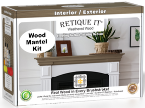 Retique It® Weathered Wood Fireplace Mantel Wood'n Finish Kit stain box showing weathered wood color and textured wood finish for mantels.