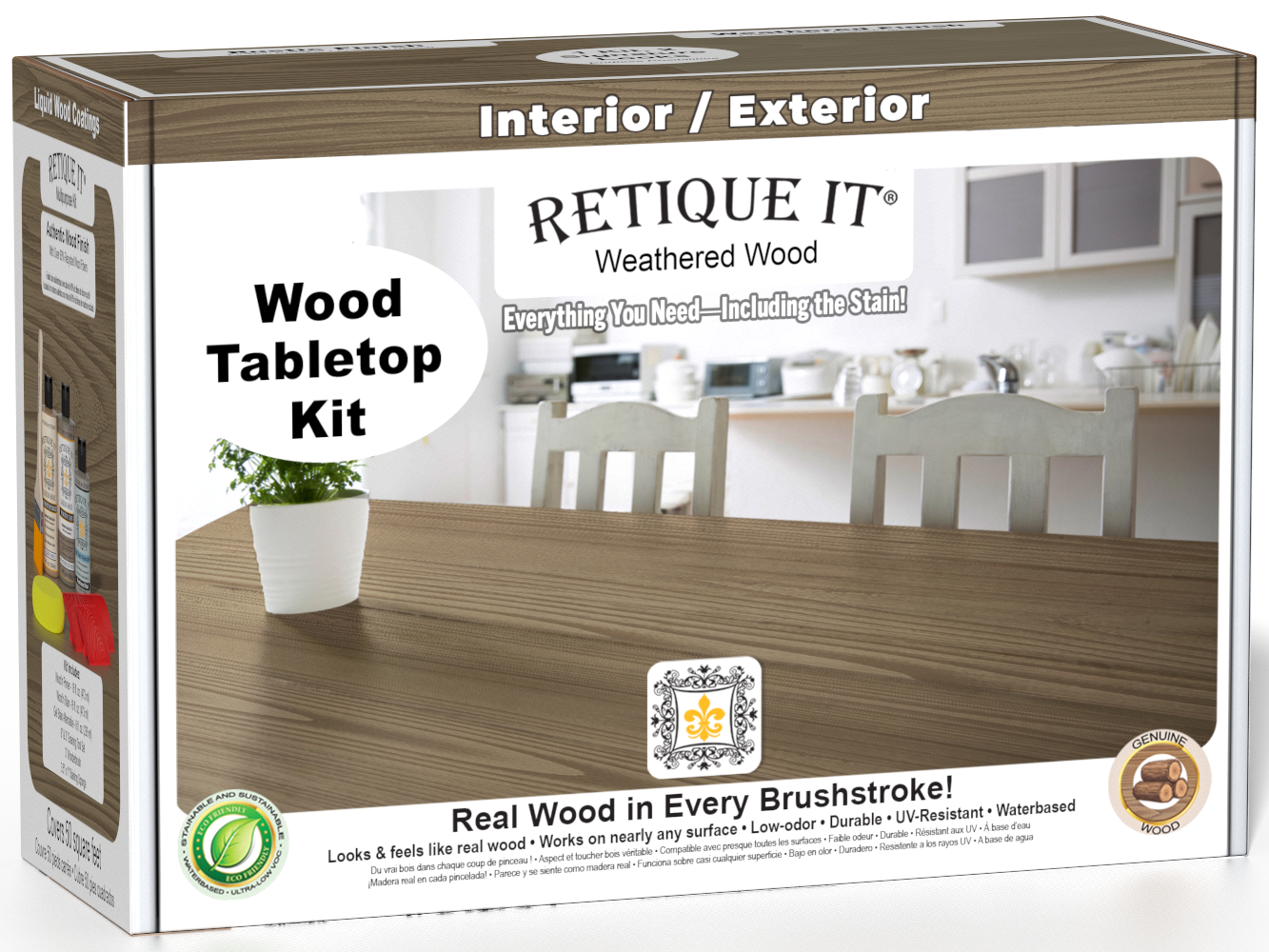 Retique It® Wood'n Finish Kit in Weathered Wood stain, showing a tabletop with weathered wood finish and stain application.