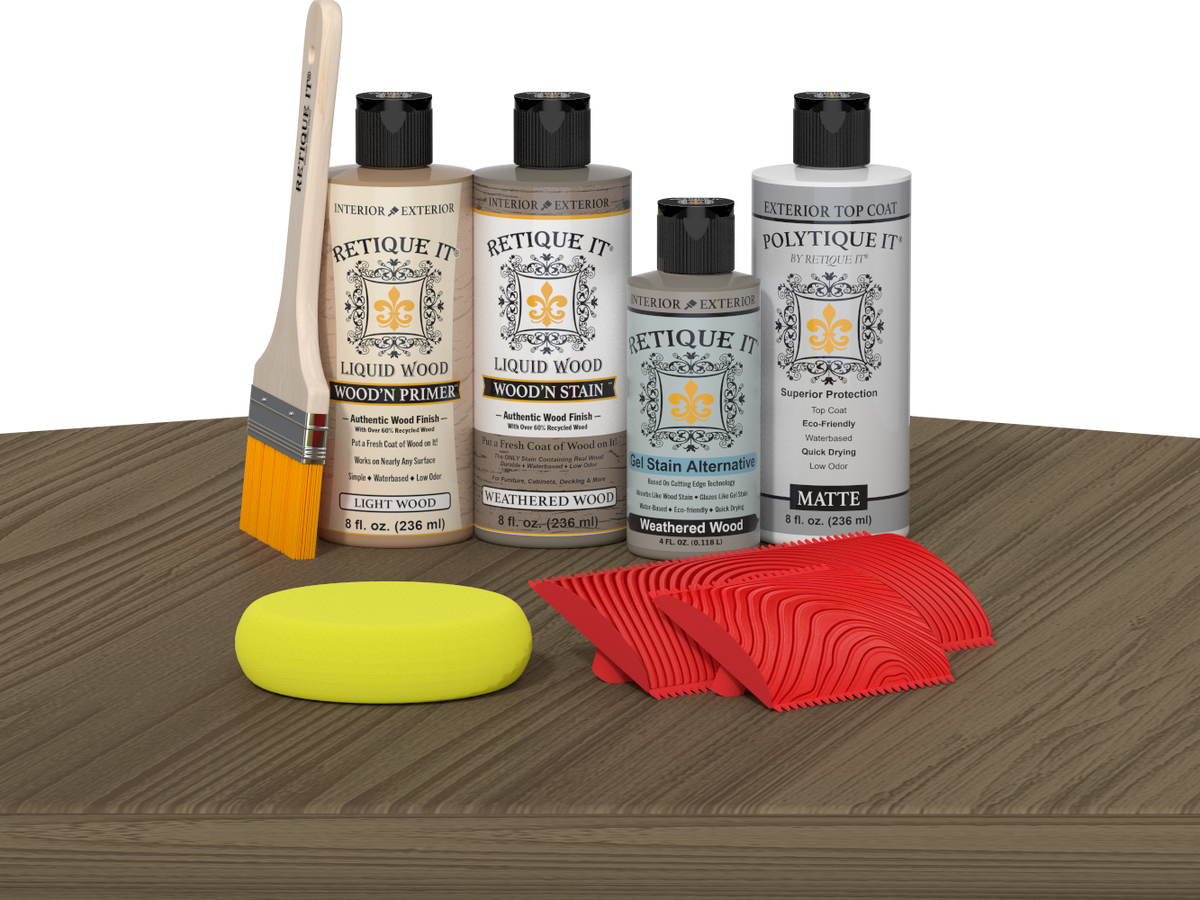 Retique It® Wood'n Finish Kit in Weathered Wood, exterior top coat, showing applicator and weathered wood finish on a wooden surface.