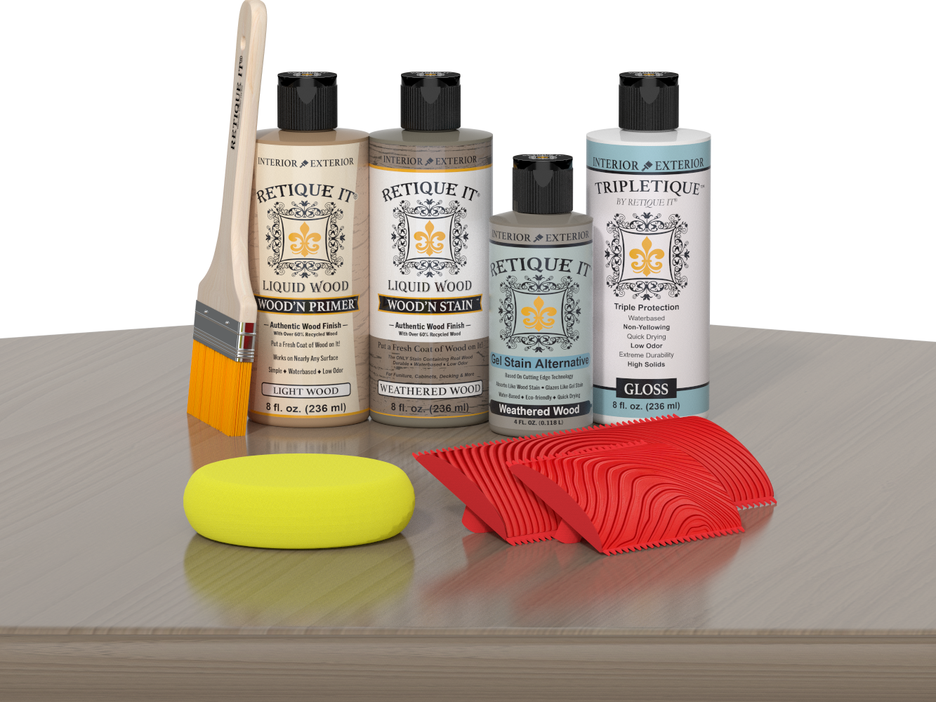 Weathered Wood Multi-purpose Wood'n Kit by Retique It® with interior top coat, displayed on a table showing wood finish application.