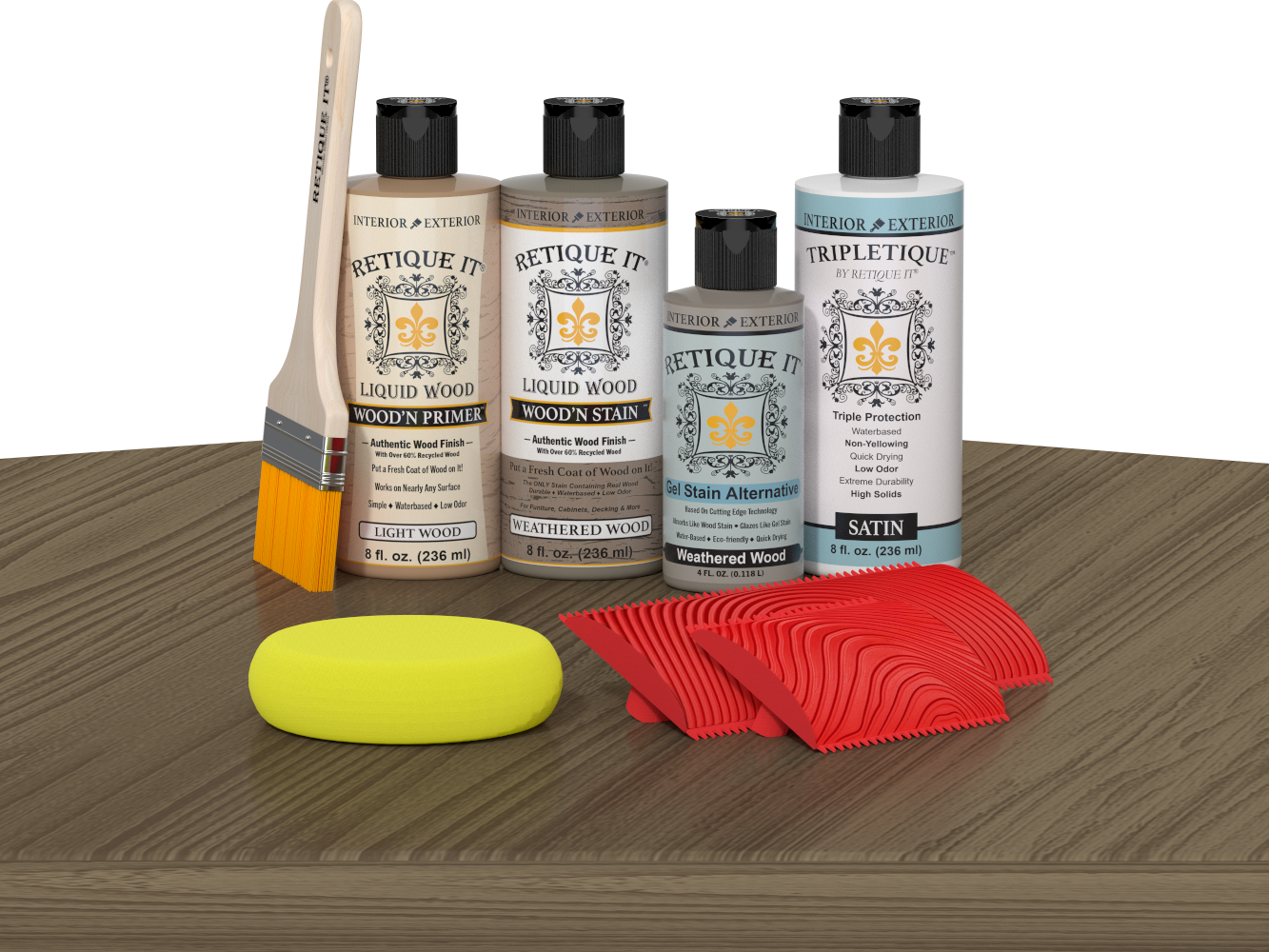 Retique It® Weathered Wood Tabletop Wood'n Finish Kit with stain jars on a table for wood finishing and furniture restoration.