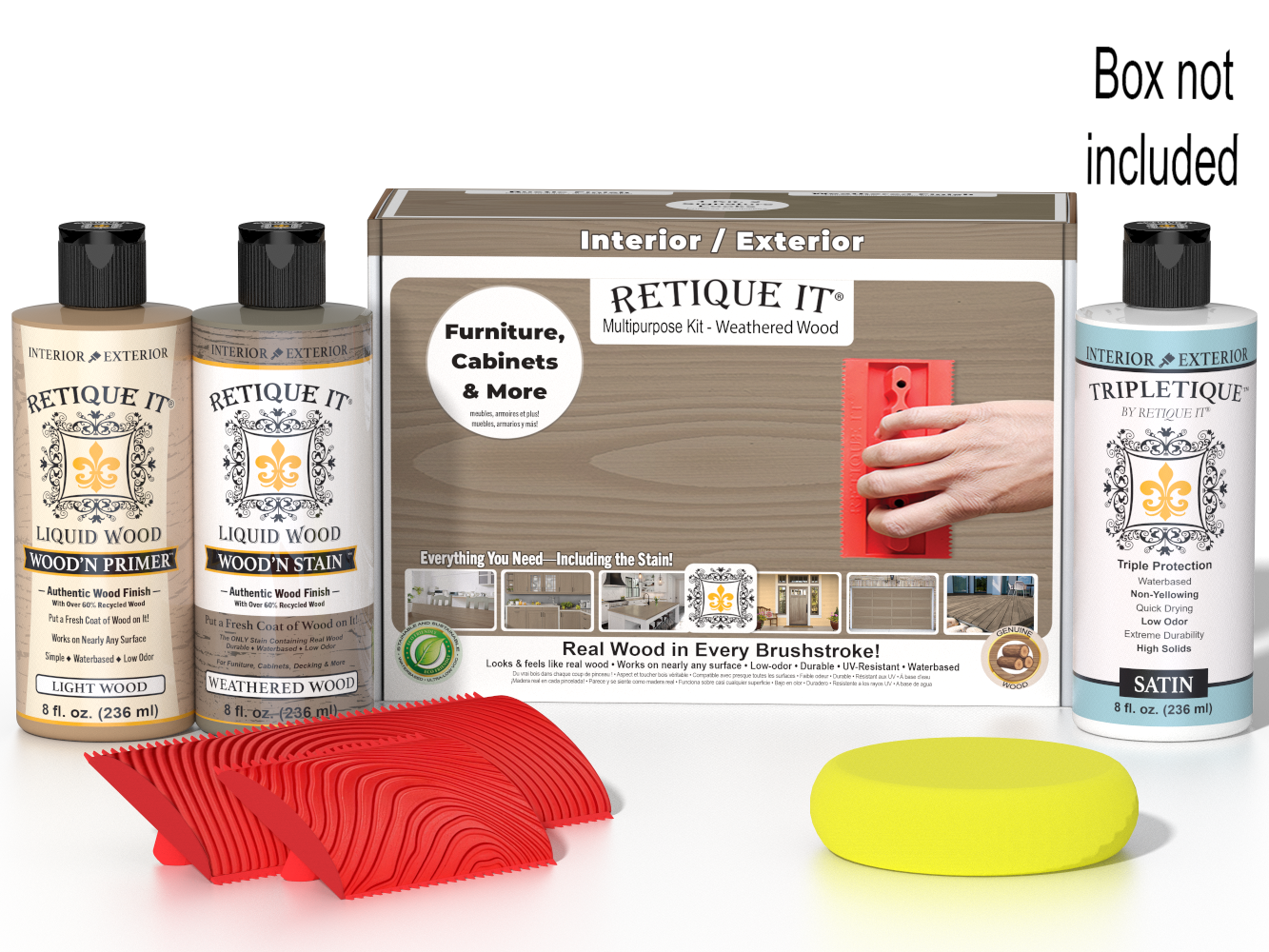 Retique It® Wood'n Finish Kit in Weathered Wood for interior top coat, featuring a box with wood finishing supplies and tools.