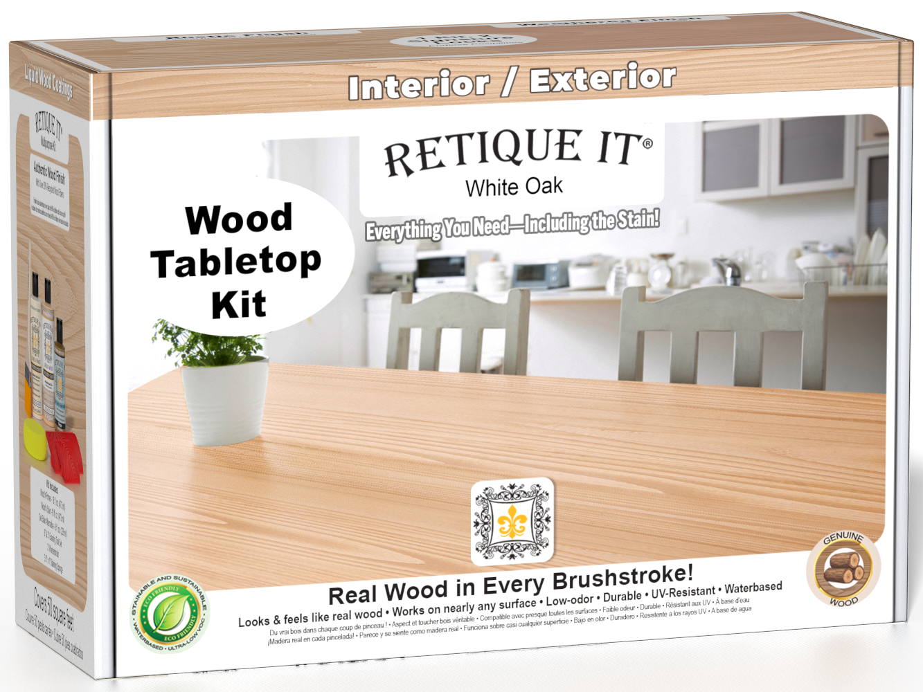 Retique It® Wood'n Finish Kit in White Oak for tabletops, includes stains and finishing supplies in a compact box.