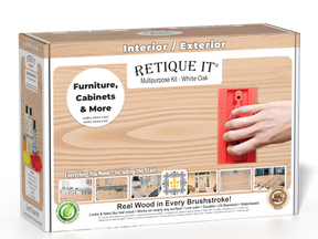 Retique It® Wood'n Finish Kit in White Oak featuring exterior top coat and accessories in a box for wood finishing projects.