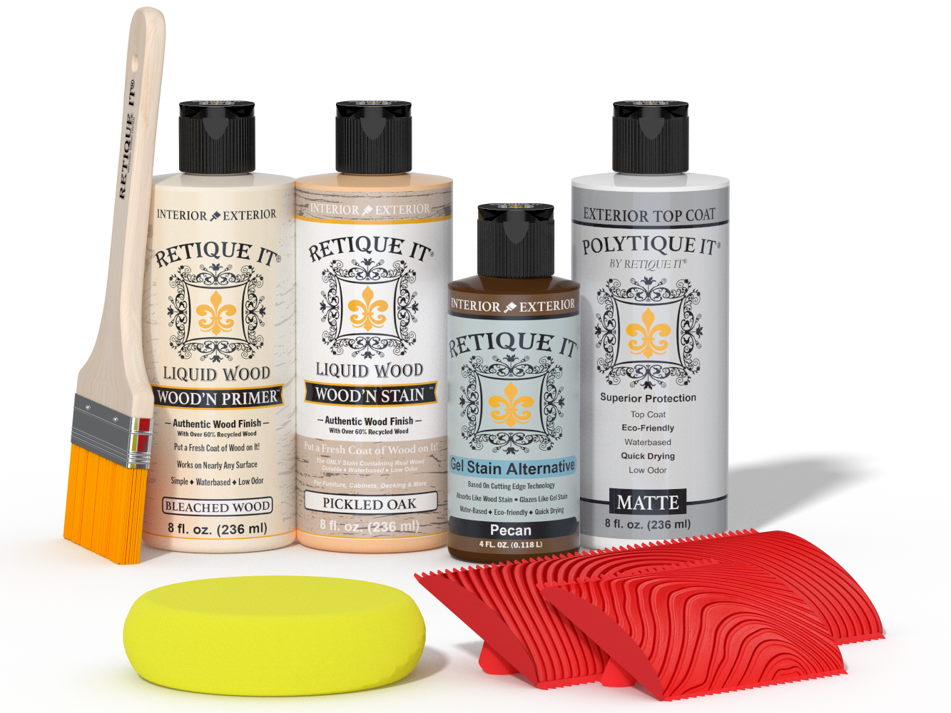 Retique It® Wood'n Finish Kit in White Oak with exterior top coat, featuring wood finish tools and supplies for wood treatment.