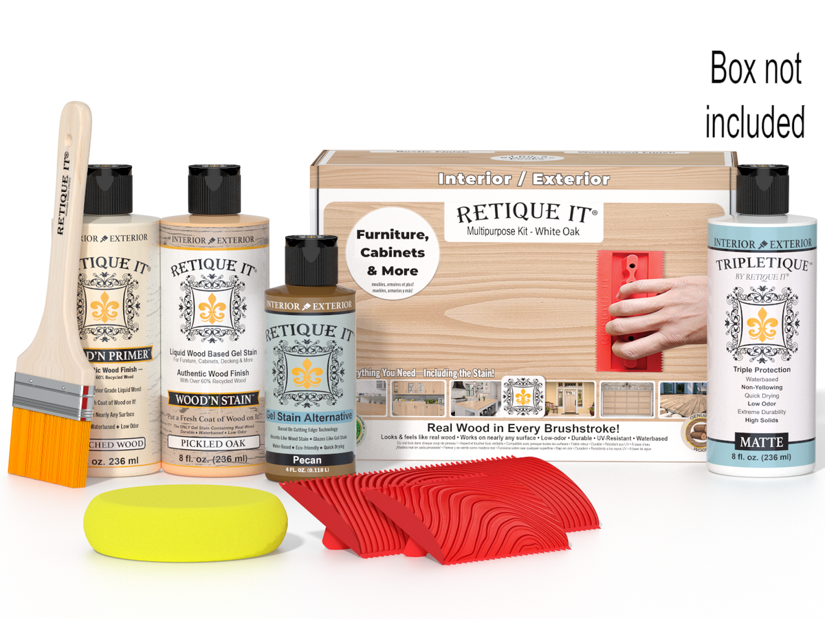 Retique It® Wood'n Kit in White Oak, interior top coat set for wood finishing, includes brushes and applicators in a box.