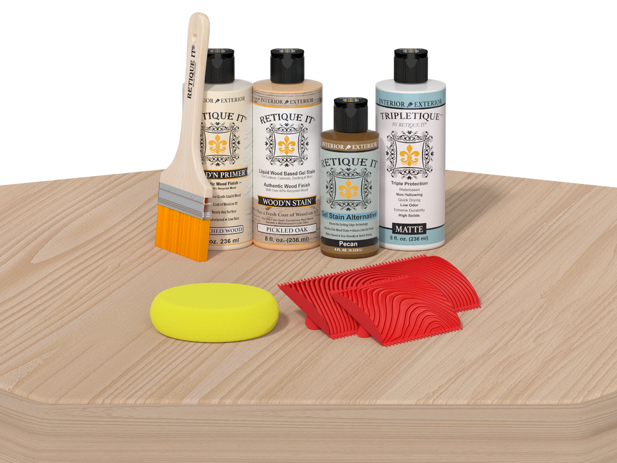 White oak wood finish kit by Retique It for interior top coating, featuring a wood grain table surface with natural wood tone.
