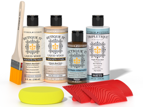 Retique It® Wood'n Finish Kit for White Oak tabletop stains, showing applicator brush and wood grain finish sample.