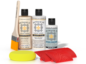 Retique It® Wood'n Finish Kit in White Wash showing wood surface with white wash finish and application tools.