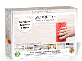 Retique It® Wood'n Finish Kit in White Wash for exterior top coating, shown in the box with applicator brushes.